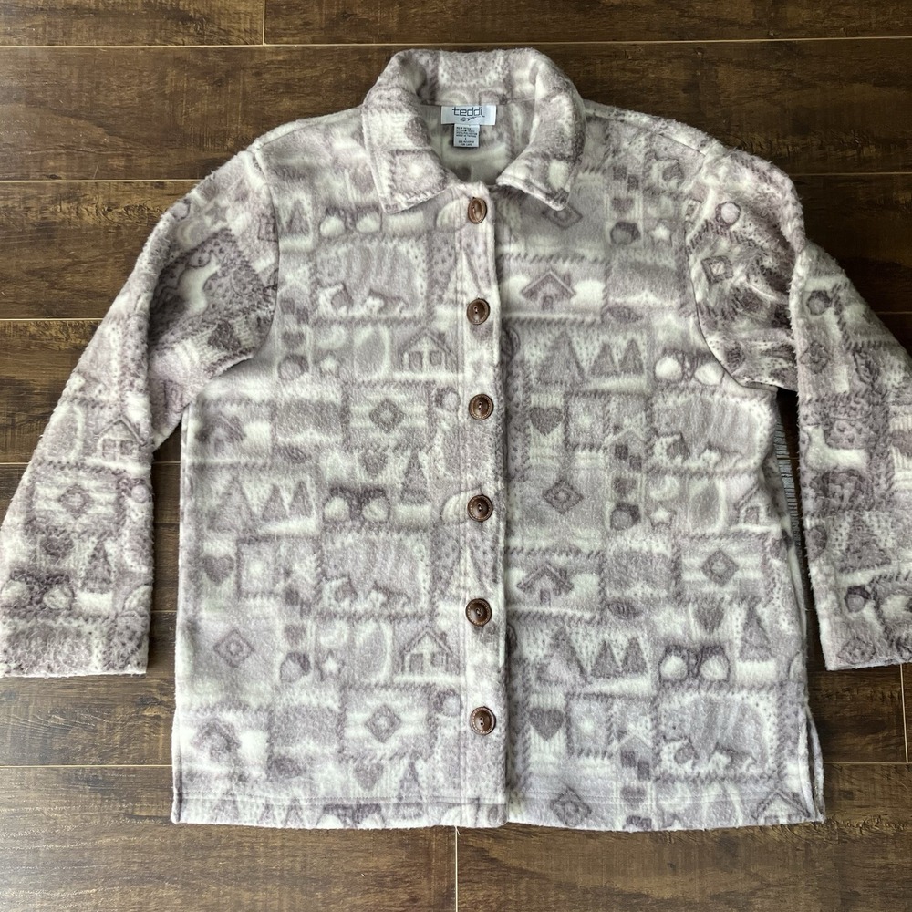Vintage Teddi Fleece Jacket Womens Large Brown Cream Bear Cabin Lodge Button